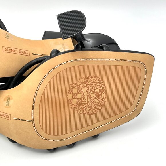 Vince Camuto 9.5 Sanda Black Leather Strappy Flared Heels Dress Sandals Shoes - Picture 11 of 14